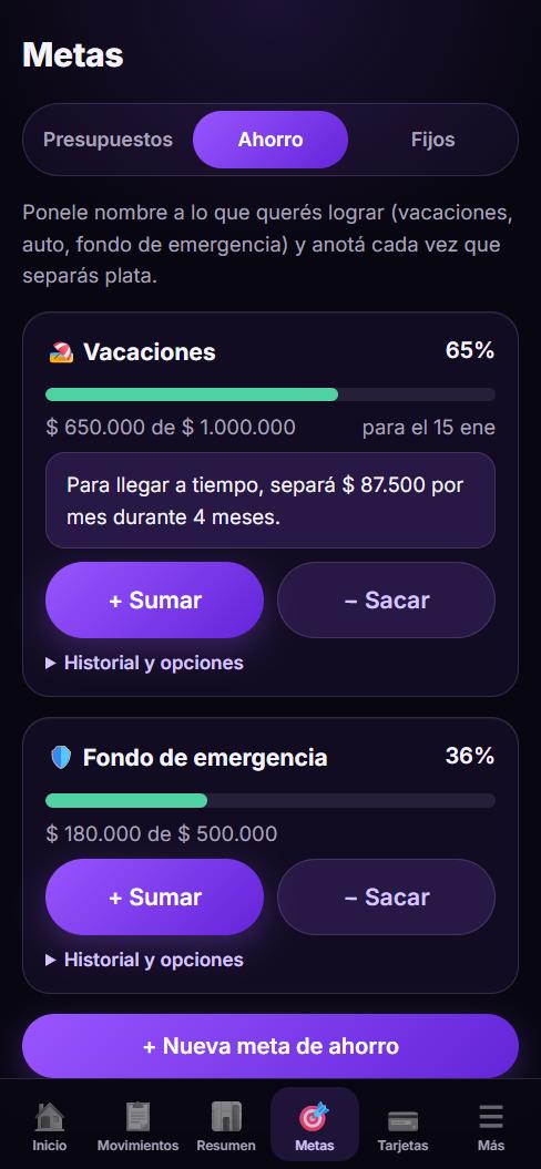 Metas de ahorro de Lauar Finanzas