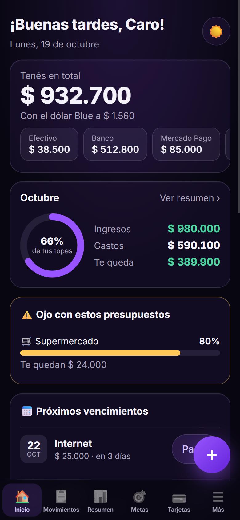 Pantalla de inicio de Lauar Finanzas