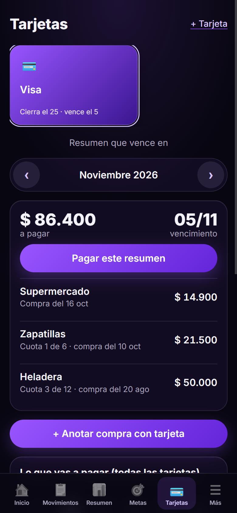 Pantalla de tarjetas de Lauar Finanzas